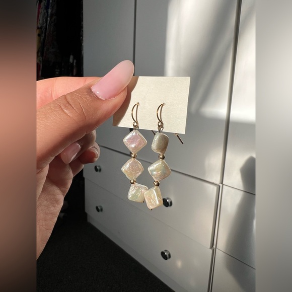 White Iridescent Diamond Shaped Beaded Lightweight Dangly Dainty Long Earrings - Picture 6 of 9